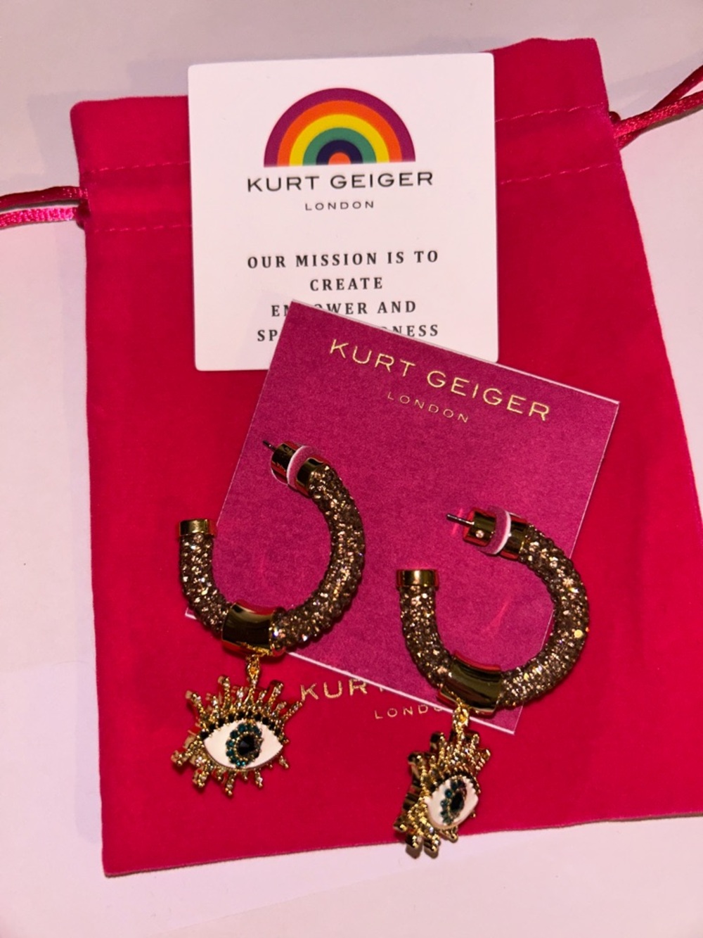 KURT GEIGER LONDON EVIL EYE CHARM PAVÉ GOLD CRYSTAL DANGLE HOOP EARRINGS  NWT - Picture 4 of 6